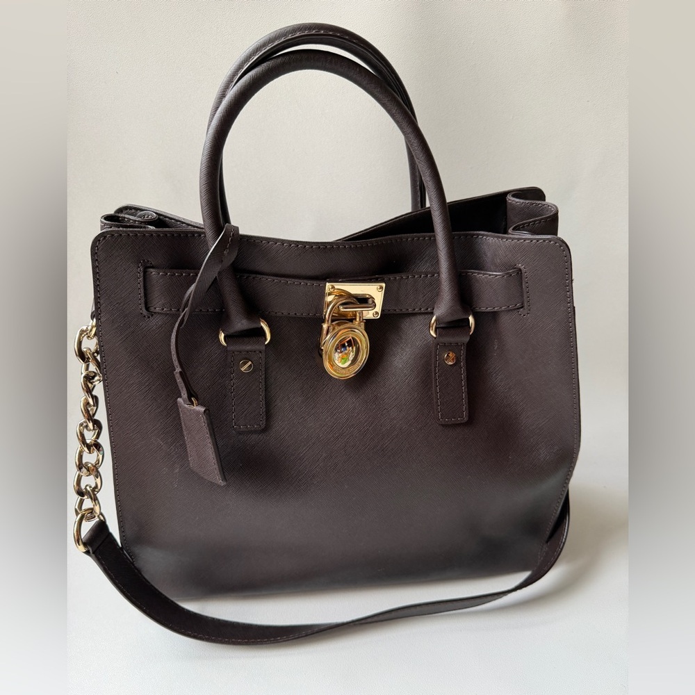 Authentic Michael Kors Large North South Hamilton Shoulder Bag Tote Dark Brown